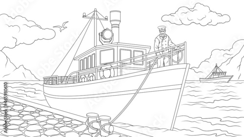 Vector illustration, fishing boat at the pier