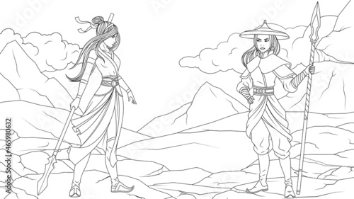 Vector illustration, two beautiful female warriors preparing for a duel on the rocks