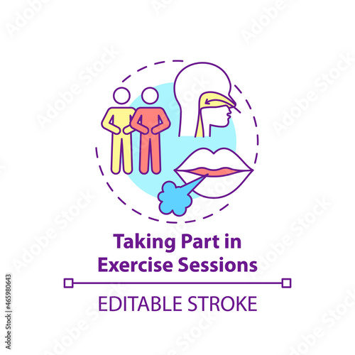 Taking part in excercise sessions concept icon. Pulmonary rehabilitation abstract idea thin line illustration. Breathing exercises with trainer. Vector isolated outline color drawing. Editable stroke