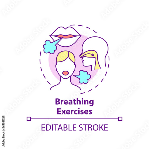 Breathing exercises concept icon. Respiratory rehabilitation abstract idea thin line illustration. Diaphragmatic and deep breathing. Vector isolated outline color drawing. Editable stroke