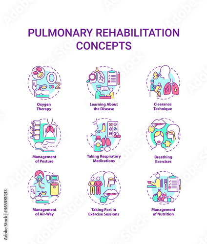 Pulmonary rehabilitation concept icons set. Respiratory diseases treatment idea thin line color illustrations. Recovery therapy. Breathing exercise. Vector isolated outline drawings. Editable stroke