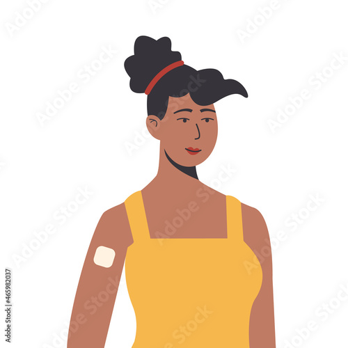 Contraception method. Vector flat female african character with contraceptive patch on her arm. Birth control for women and pregnancy prevention. Illustration.
