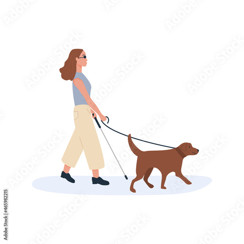 A guide dog with blind person walking together. Disabled female with cane stick using help of dog. Flat style characters. Vector illustration.