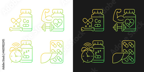Food supplements gradient icons set for dark and light mode. Insomnia aid. Cardiovascular tablets. Thin line contour symbols bundle. Isolated vector outline illustrations collection on black and white