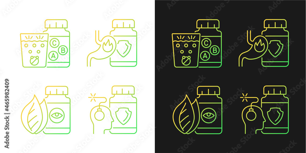 Food supplements gradient icons set for dark and light mode. Heartburn relief. Stress medication. Thin line contour symbols bundle. Isolated vector outline illustrations collection on black and white