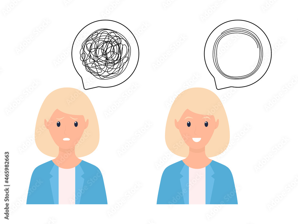 Chaos and mess in woman head. Psychotherapy result illustration. Depression concept. Frustrated girl with problems. Vector isolated on white Chaos and mess in woman head. Psychotherapy result illustration. Depression concept. Frustrated girl with problems. Vector isolated on white