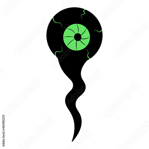 Eyeball. Silhouette with green capillaries. Vector illustration. Isolated white background. The white of the eye with a green pupil. Capillaries and irritation are visible. Halloween symbol. 