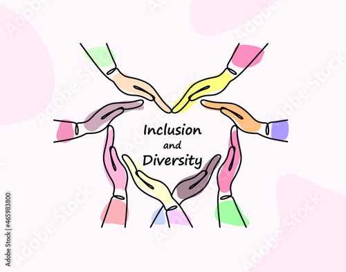 Inclusion and diversity concept. Multiracial hands form a heart. Inclusive illustration for web, print, t-shirt, textiles, background, postcard. One line abstract illustration photo