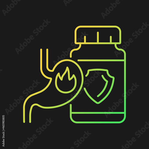 Acid reflux supplements gradient vector icon for dark theme. Heartburn relief medication. Digestion problems. Thin line color symbol. Modern style pictogram. Vector isolated outline drawing