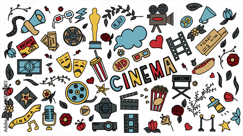 Cinema, TV Shows, Series and Movies Funny Doodle Vector set. Hand drawn colorful illustration. Set for podcast, awards and radio. Background