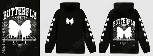 Modern abstract poster butterfly effect. In Acid style, stylish print for streetwear, print for t-shirts and hoodies, isolated on black background