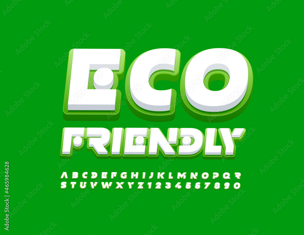 Vector concept sign Eco Friendly. Creative Green and White Font. Set of Alphabet Letters and Numbers Vector concept sign Eco Friendly. Creative Green and White Font. Set of Alphabet Letters and Numbers