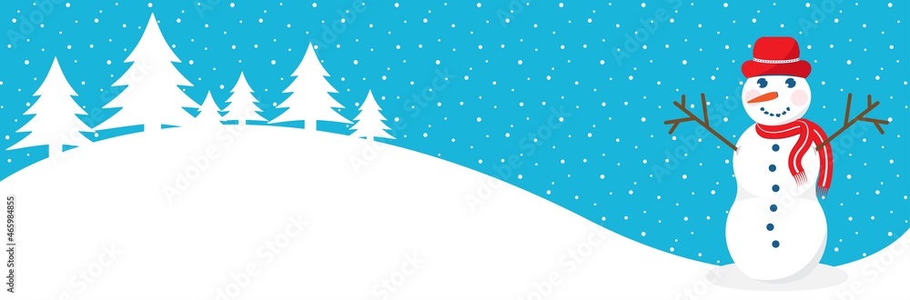 Chrismas banner design with snowman, landscape, pine tree illustration. Winter holidays concept card design to use for merry christmas greetings, winter advertising, card with snowman.