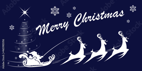 Christmas blue illustration, Santa Claus is racing in a sleigh in harness with reindeer, abstract fir tree