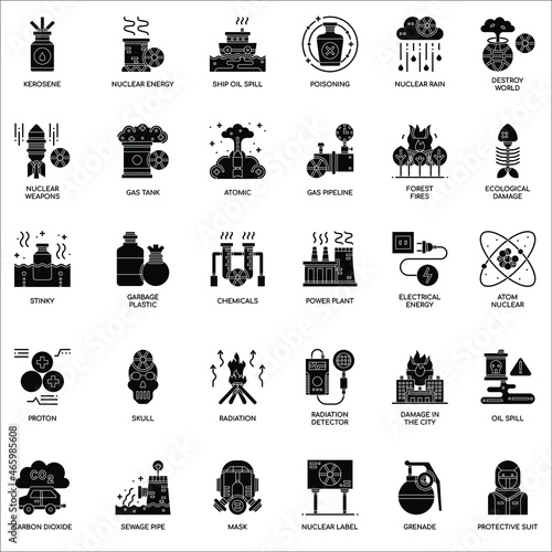 Nuclear power Elements Black and white flat vector collection set