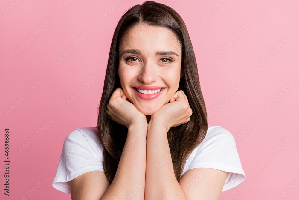 Portrait of attractive cheerful confident brunette girl good mood isolated over pink pastel color background Portrait of attractive cheerful confident brunette girl good mood isolated over pink pastel color background