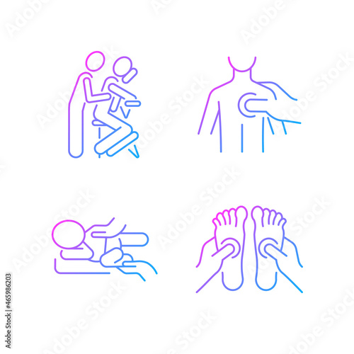 Massage therapy techniques gradient linear vector icons set. Pressing on trigger points. Treating newborn colic. Thin line contour symbols bundle. Isolated outline illustrations collection