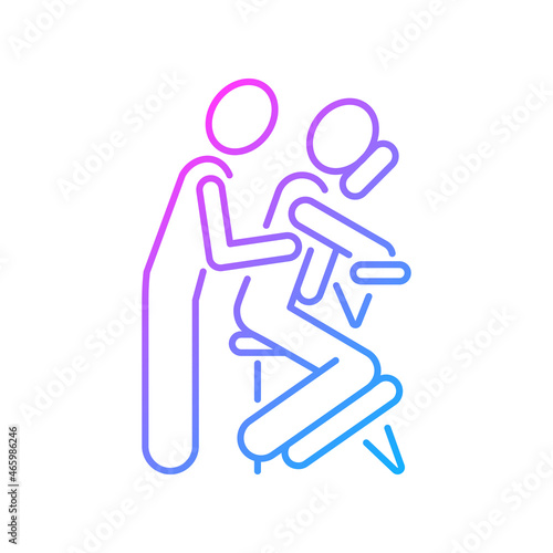 Chair massage gradient linear vector icon. Performing treatment in seated position. Relax muscles in upper body. Thin line color symbol. Modern style pictogram. Vector isolated outline drawing