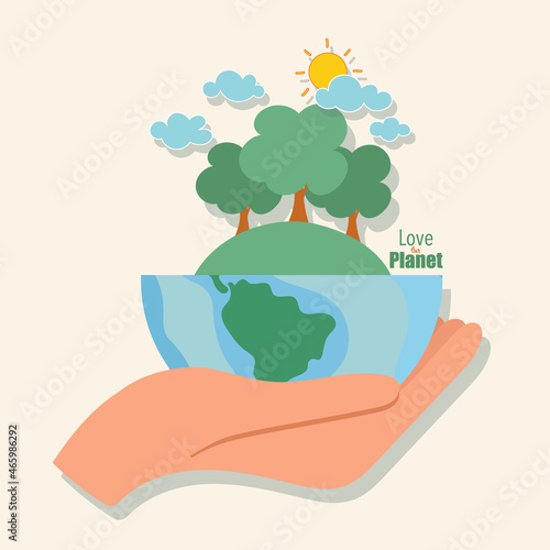 ECO FRIENDLY. Ecology concept with Green Eco Earth and Trees. Vector illustration.
