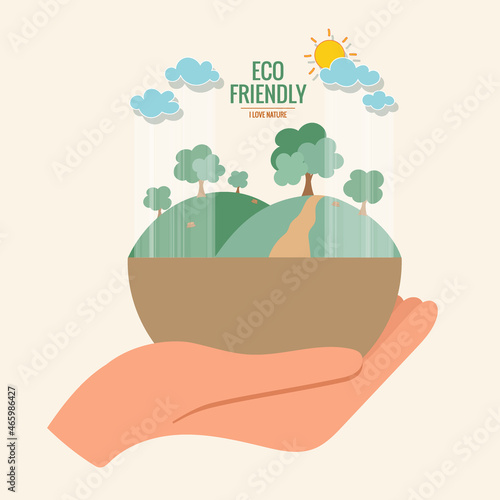 ECO FRIENDLY. Ecology concept with hand holding tree. Vector illustration.