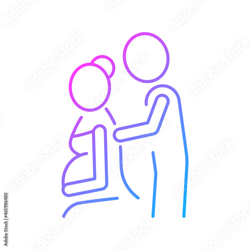 Pregnancy massage gradient linear vector icon. Relaxing expecting mother body. Relieving muscle aches in back and neck. Thin line color symbol. Modern style pictogram. Vector isolated outline drawing