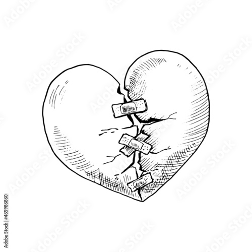Broken heart. The symbol of unhappy love. Hand-drawn sketch. Black and white vector illustration.