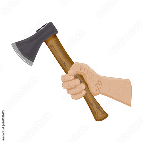Hand holding axe isolated on white background. Woodcutter arm with ax. Lumberjack tool. Hatchet with wooden handle for wood work. Woodman, carpenter, forester or joiner icon. Stock vector illustration