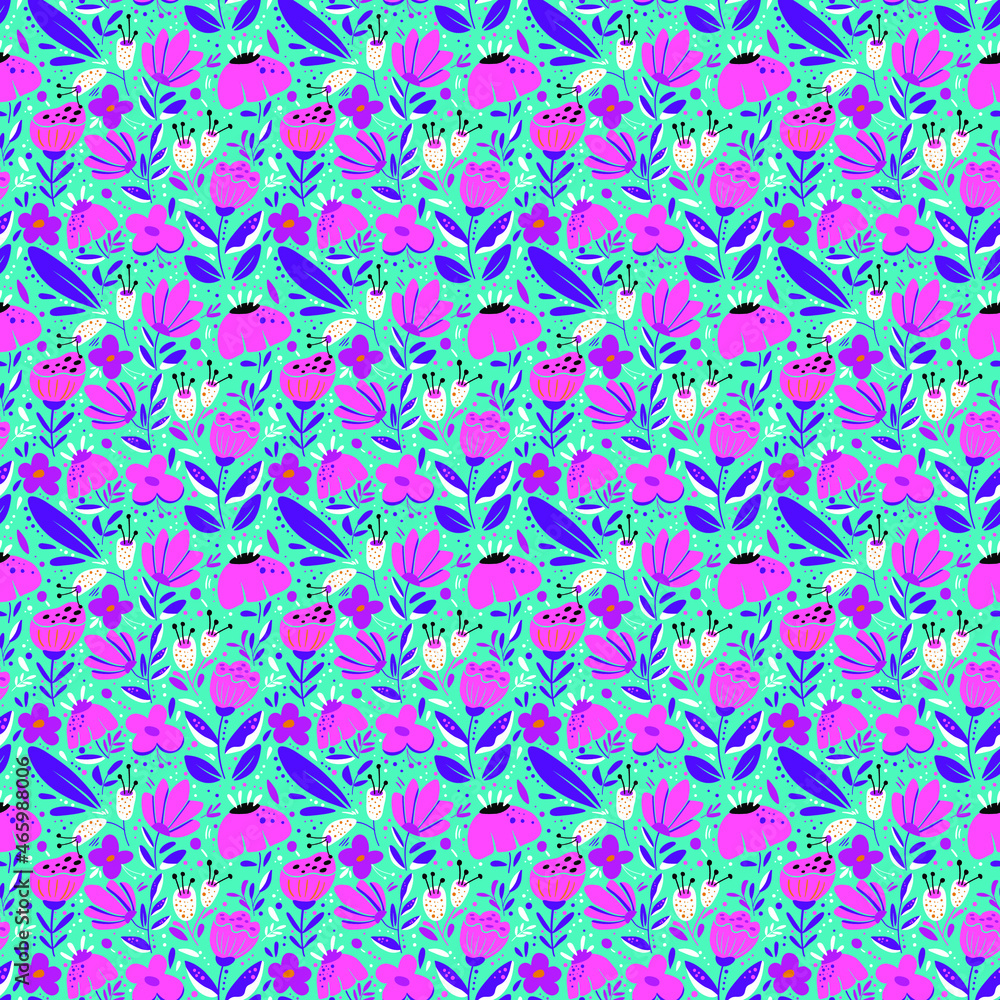 Seamless cute vector pattern with plants, leaves and flowers