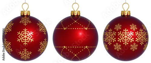 Christmas balls in a row isolated on white. Red balls collection with gold decor. Snowflakes. Luxury template for Christmas banner or poster. Place for your text. 3D render. Isolated. Merry Christmas.