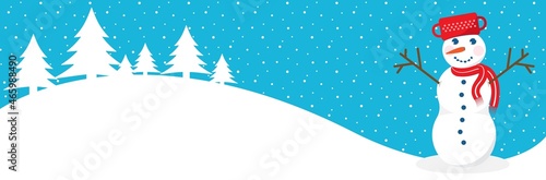  Chrismas banner design with snowman with pot  landscape  pine trees illustration. Winter holidays concept card design to use for merry christmas greetings  winter advertising  card with snowman.