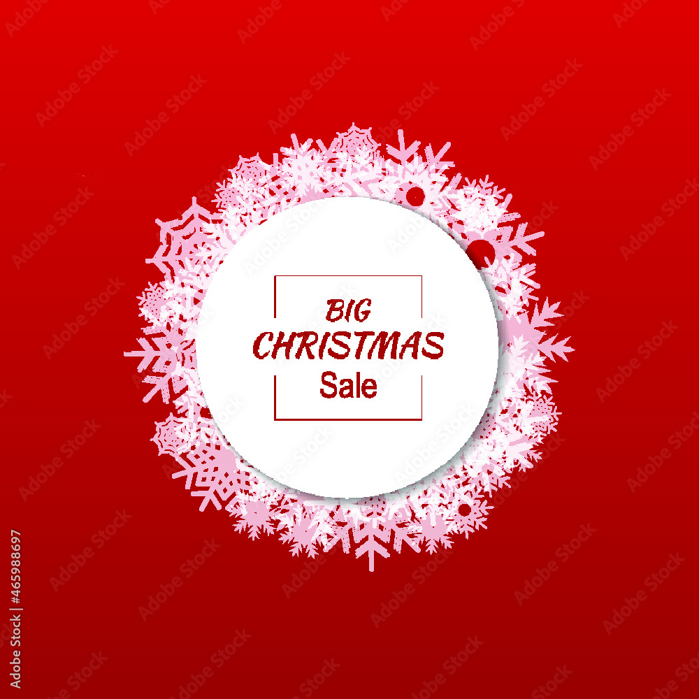 Vector Big Christmas Sale Circle Sign, Snowflakes on Bright Red Background, Holiday Sale Concept, Illustration. Vector Big Christmas Sale Circle Sign, Snowflakes on Bright Red Background, Holiday Sale Concept, Illustration.