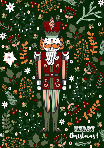 Nutcracker and winter floral. Cute Christmas vector card.
