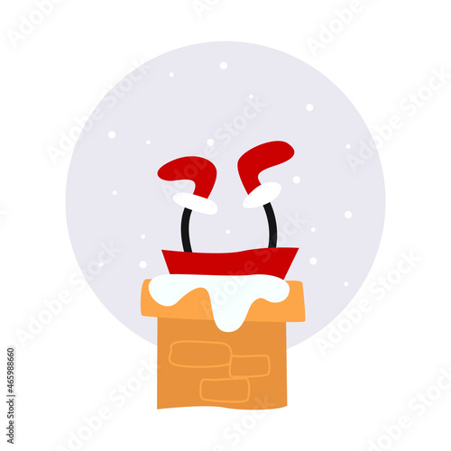 Santa stuck in the chimney in winter, isolated on white background. Vector illustration in a flat style. Clip art. Christmas theme design element.