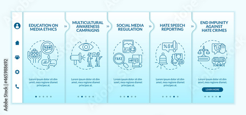 Hate speech prevention onboarding vector template. Responsive mobile website with icons. Web page walkthrough 5 step screens. Social media regulation color concept with linear illustrations