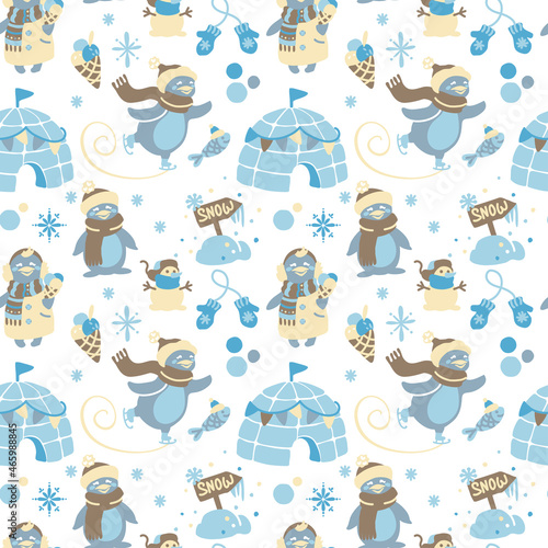 Funny penguin. Nordic motifs. Kids print. Seamless pattern for  fabric, wrapping, textile, wallpaper, apparel. Vector.
