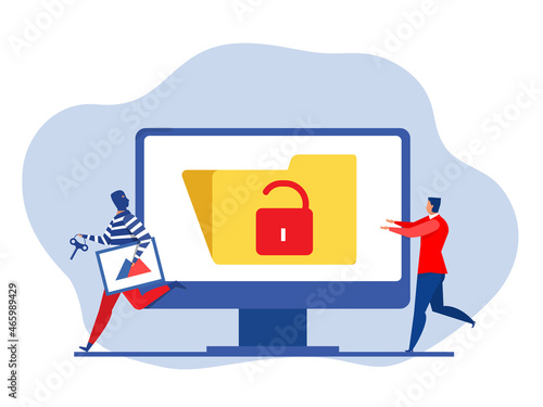 Pirate stealing creative art from laptop, maninfringement of copyright, piracy concept website design flat vector illustration.