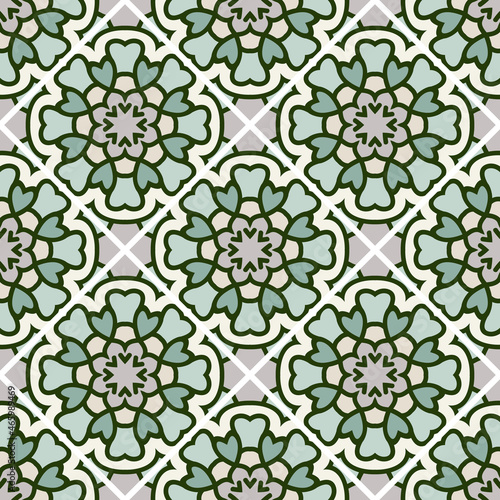 Abstract seamless mandala background. Texture in green and rose colors. Oriental pattern for design, fashion print, scrapbooking