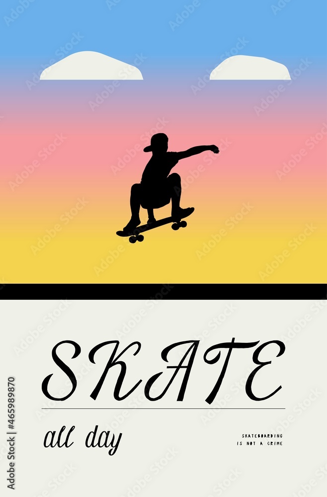Skater silhouette on the sunset sky background. Stylish poster design summer sports vector vector illustration.