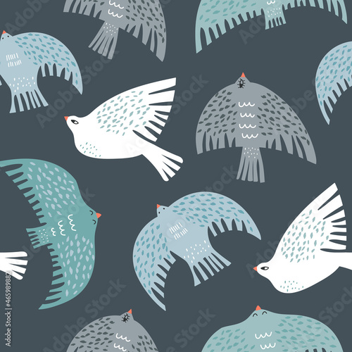 Seamless pattern with scandinavian style winter birds. Creative bird texture. Great for fabric, textile Vector Illustration