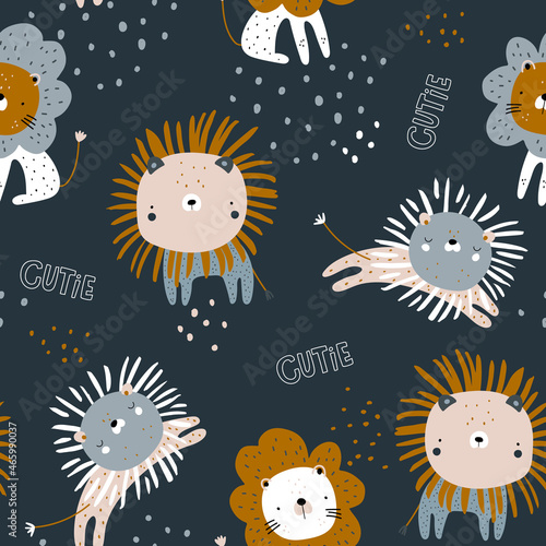 Seamless childish pattern with hand drawn funny jumping lions. Perfect for fabric,textile. Creative Vector background