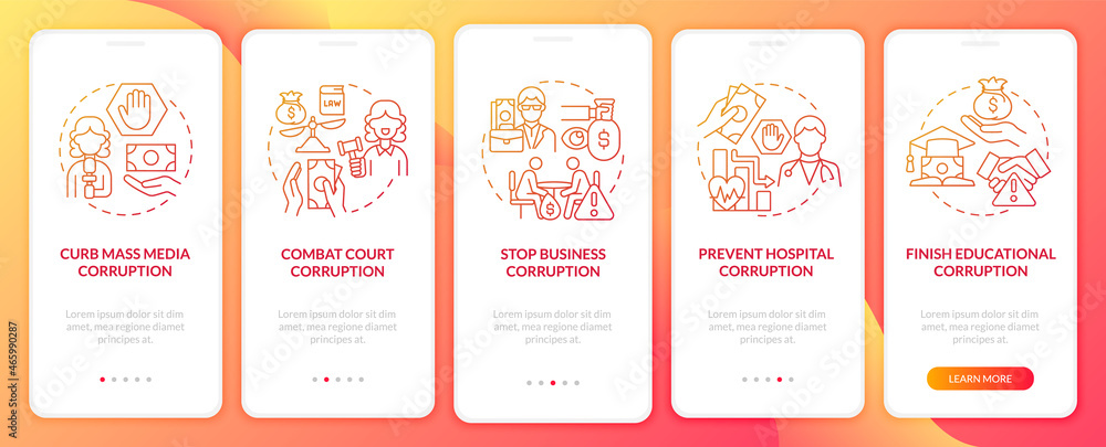 Corruption prevention onboarding red mobile app page screen. Anti corruption measure walkthrough 5 steps graphic instructions with concepts. UI, UX, GUI vector template with linear color illustrations
