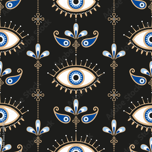 Evil eye vector seamless pattern. Magic, witchcraft, occult symbol, line art collection. Hamsa eye, magical eye, decor element. Blue, white, golden eyes. Fabric, textile, giftware, wallpaper.