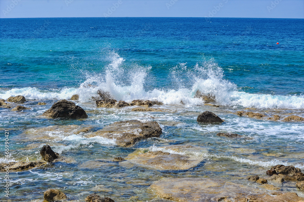 The charm of the spring coast of Paphos consists of the bright color of the sea, bizarre coastal rocks and a scattering of large and small blooming plants The charm of the spring coast of Paphos consists of the bright color of the sea, bizarre coastal rocks and a scattering of large and small blooming plants