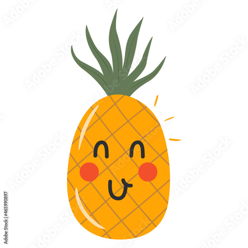 Cute and funny pineapple with happy face expression. Organic healthy food showing emotion. Kawaii doodle character smiling. Hand drawn fruit vector illustration
