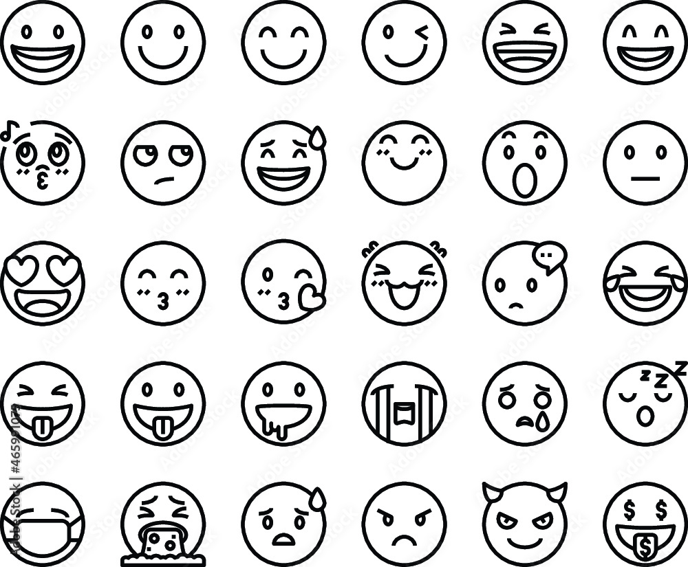 Big set of Outline emoticon smile icons. Cartoon emoji set. Vector emoticon set