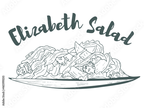 Elizabeth Salad. Hand drawn sketch of fresh salad with greens, olives, cherry tomatoes, onions, cheese and cucumber. Organic food. Vector illustration on white background.