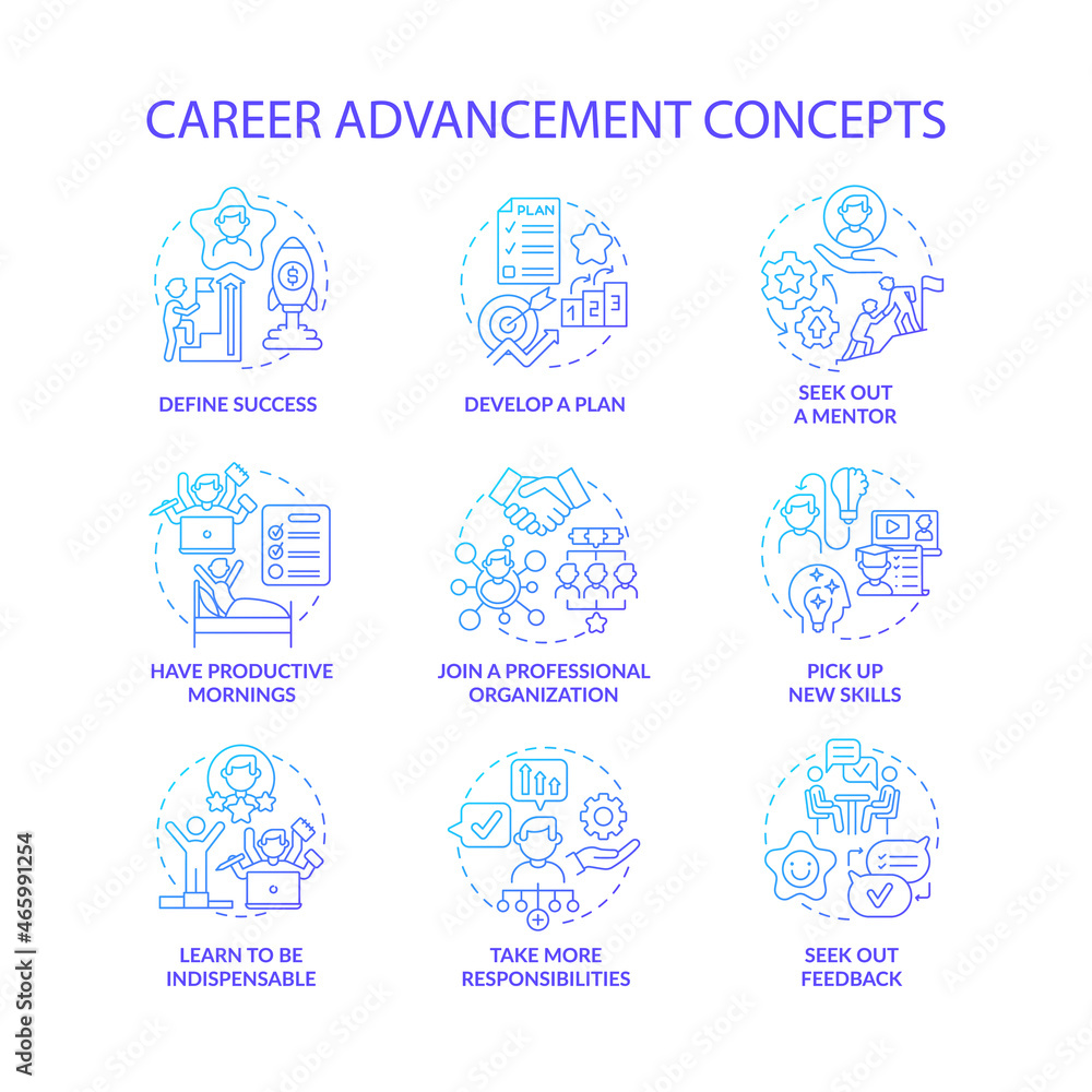 Career advancement blue gradient concept icons set. Improvement in work. Successful employee. Professional development idea thin line color illustrations. Vector isolated outline drawings