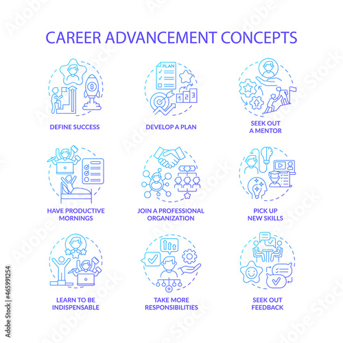 Career advancement blue gradient concept icons set. Improvement in work. Successful employee. Professional development idea thin line color illustrations. Vector isolated outline drawings