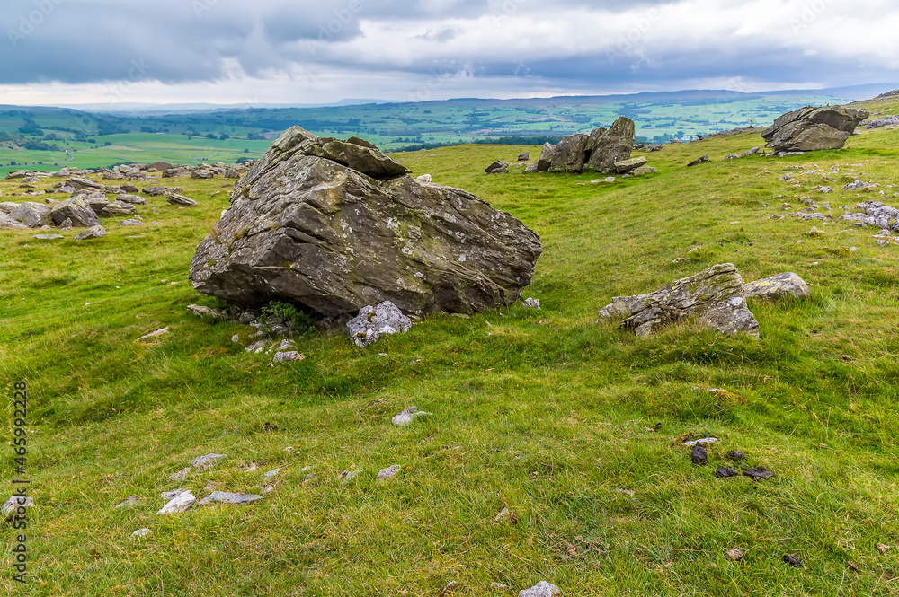 A view of a glacial erratics on the slopes of Ingleborough, Yorkshire, UK in summertime