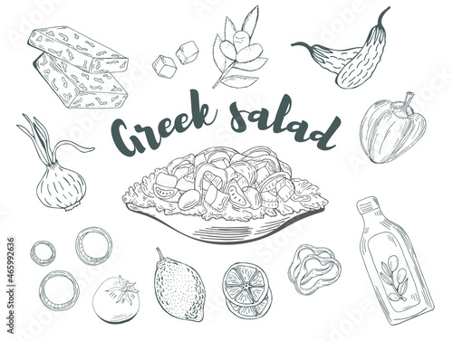 Greek Salad served on plates with ingridients hand drawn with contour lines on white background